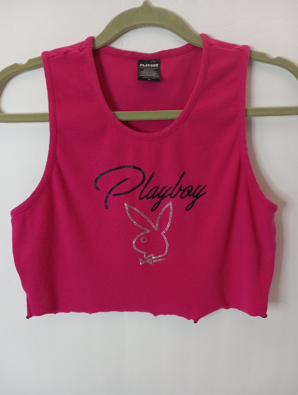 Playboy Hot Pink Lettuce Edge Rhinestone Bunny Cropped Tank Top